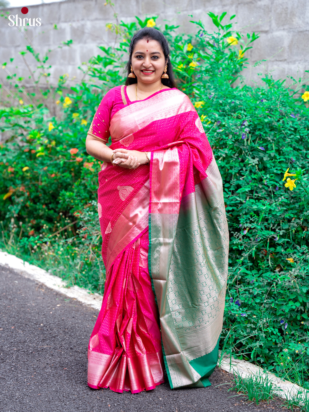 Pink with Green- Semi Kanchipuram Saree - Shop on Shrus.com