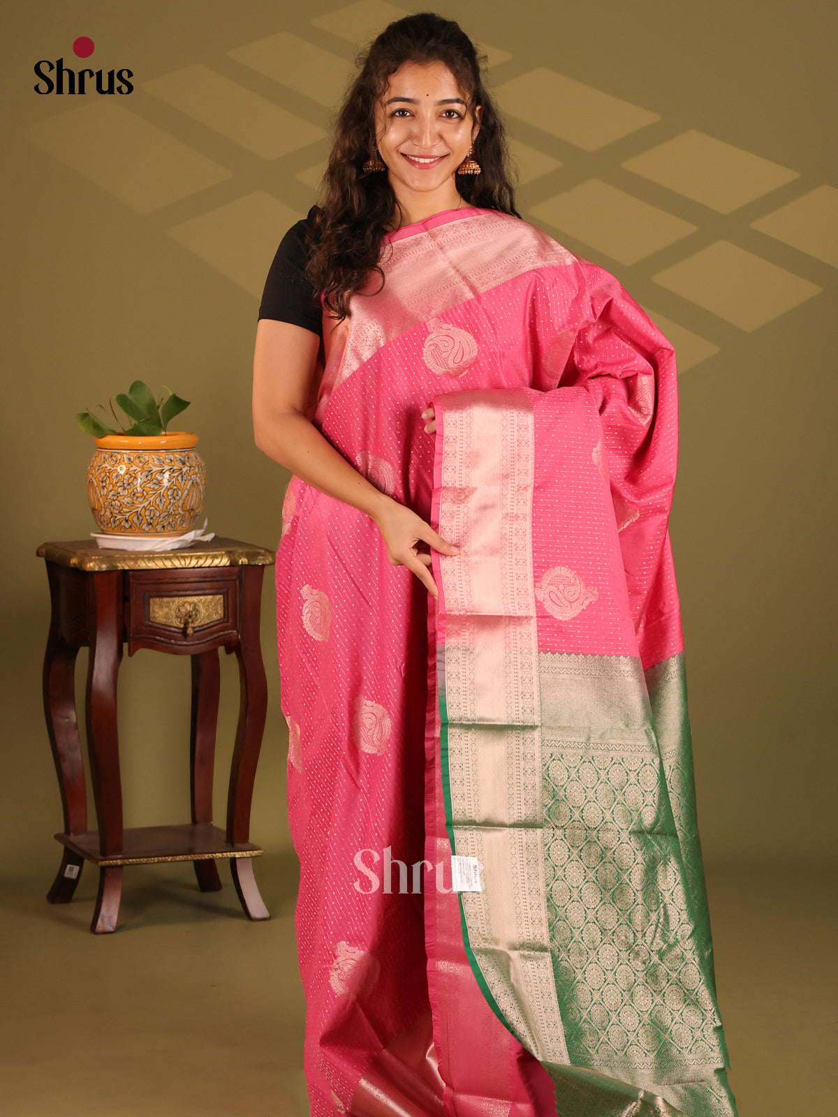 Pink with Green- Semi Kanchipuram Saree - Shop on Shrus.com
