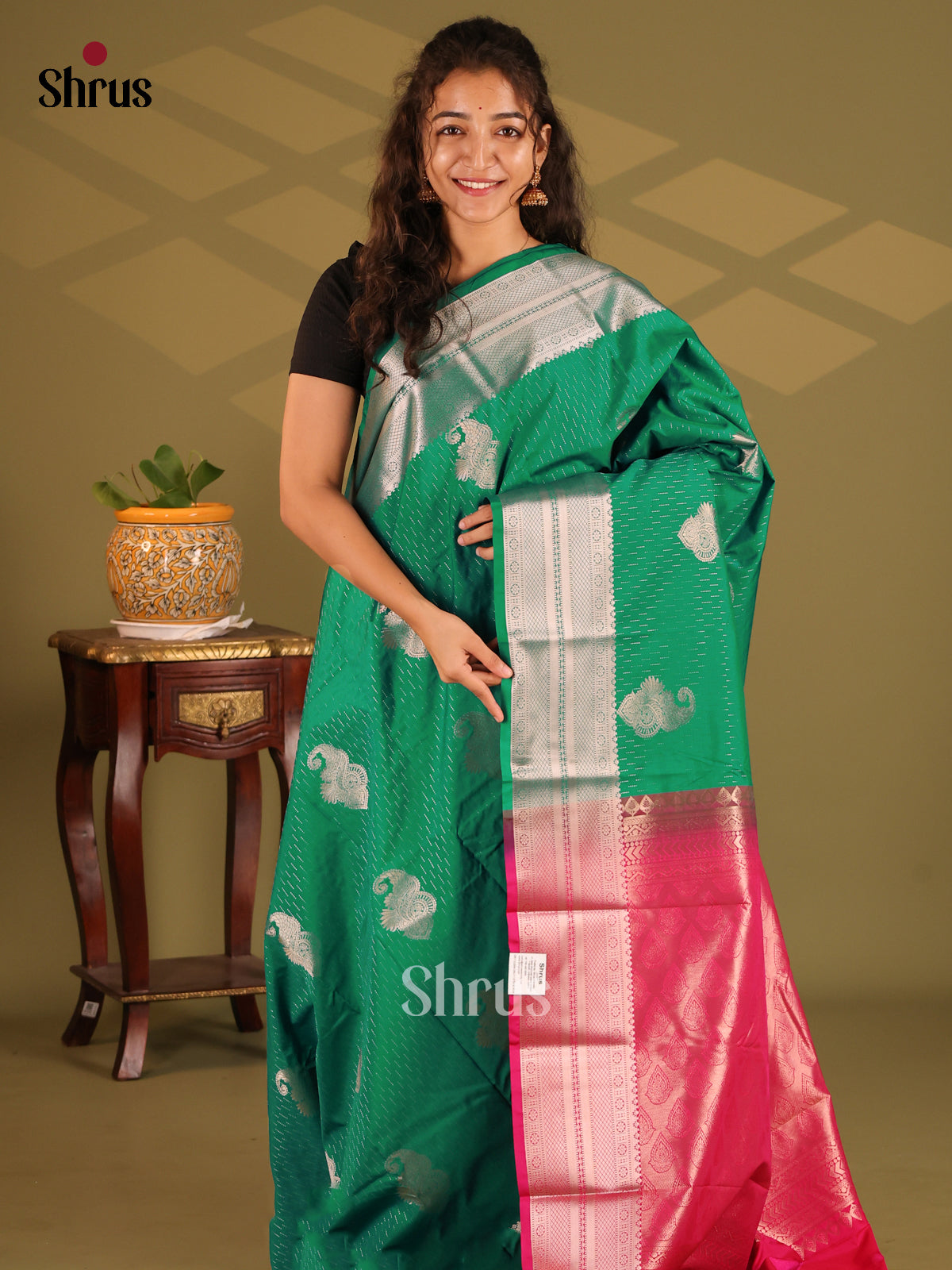 Green with Pink- Semi Kanchipuram Saree - Shop on Shrus.com