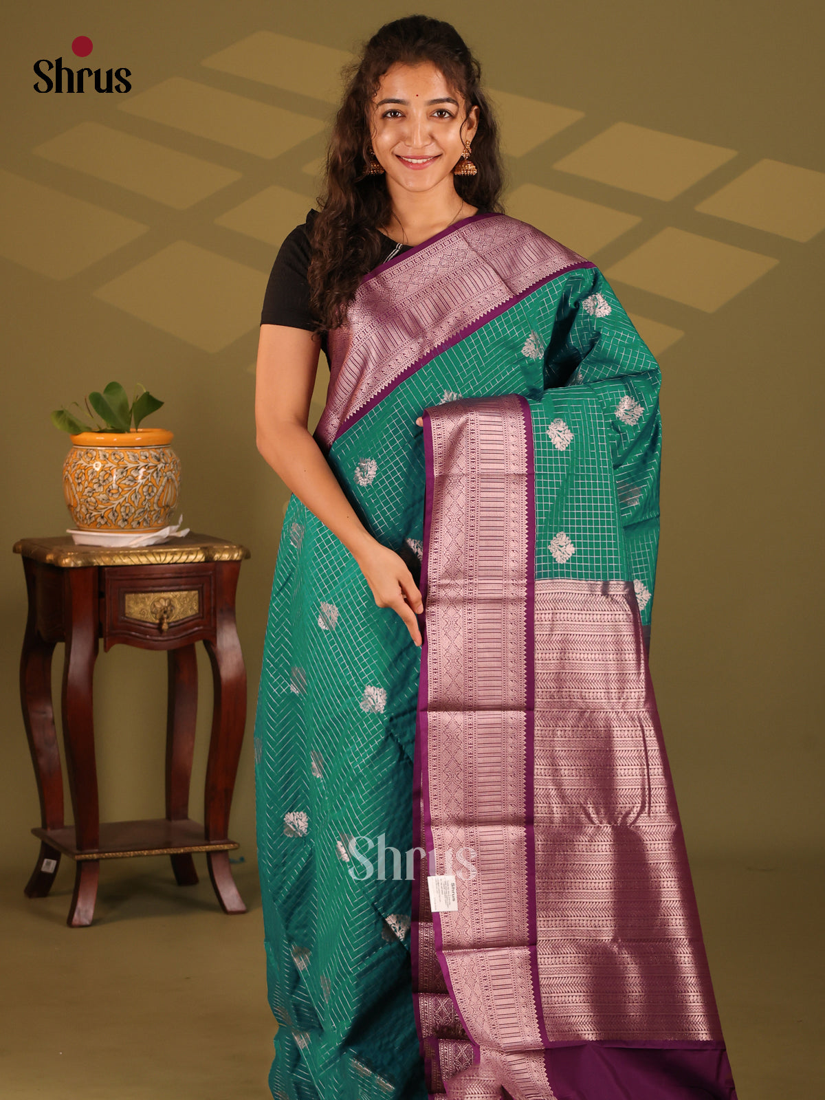 Green with Purple- Semi Kanchipuram Saree - Shop on Shrus.com