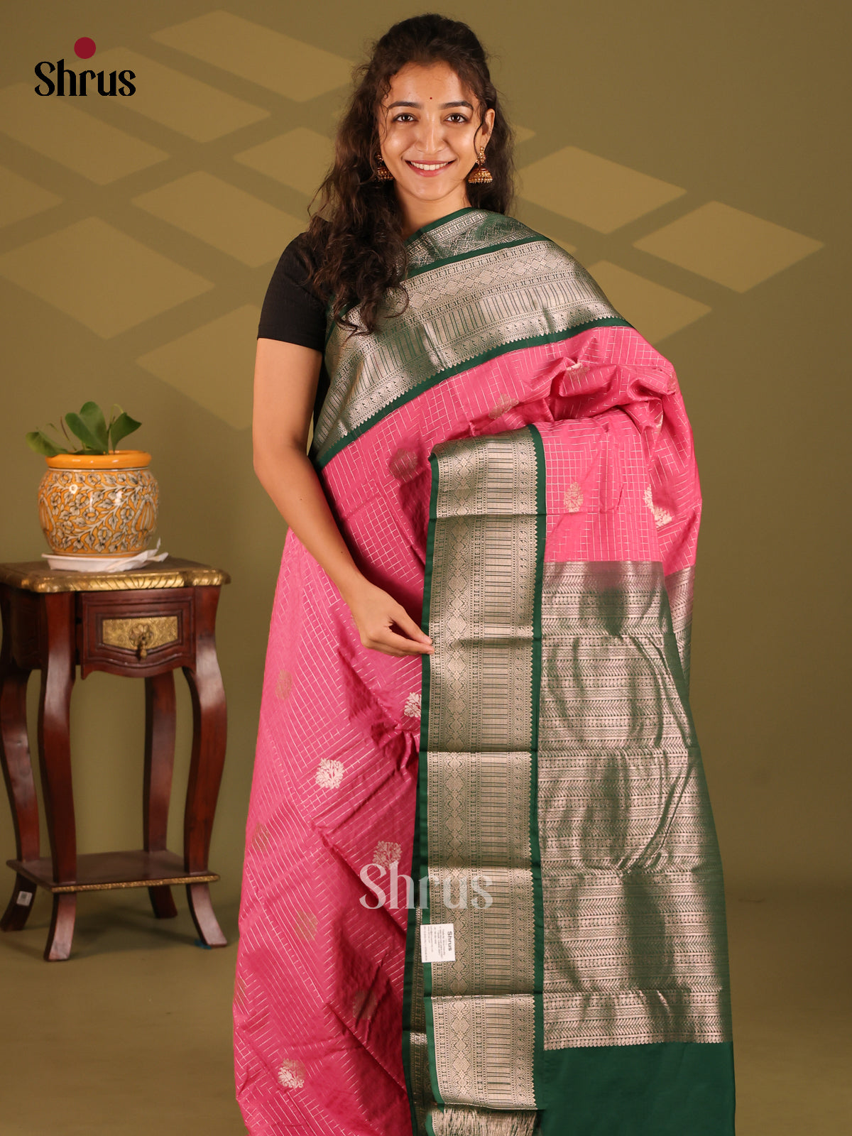 Pink with Green- Semi Kanchipuram Saree - Shop on Shrus.com