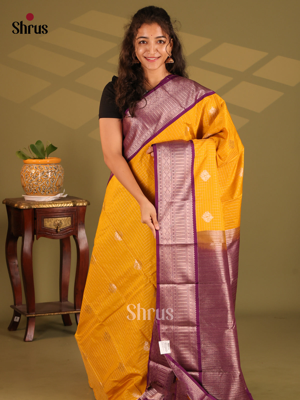 Mustard with Violet - Semi Kanchipuram Saree - Shop on Shrus.com