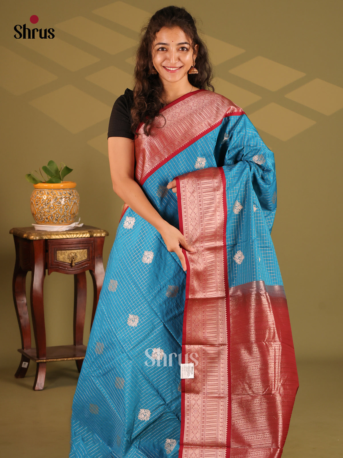 Blue with Red - Semi Kanchipuram Saree - Shop on Shrus.com