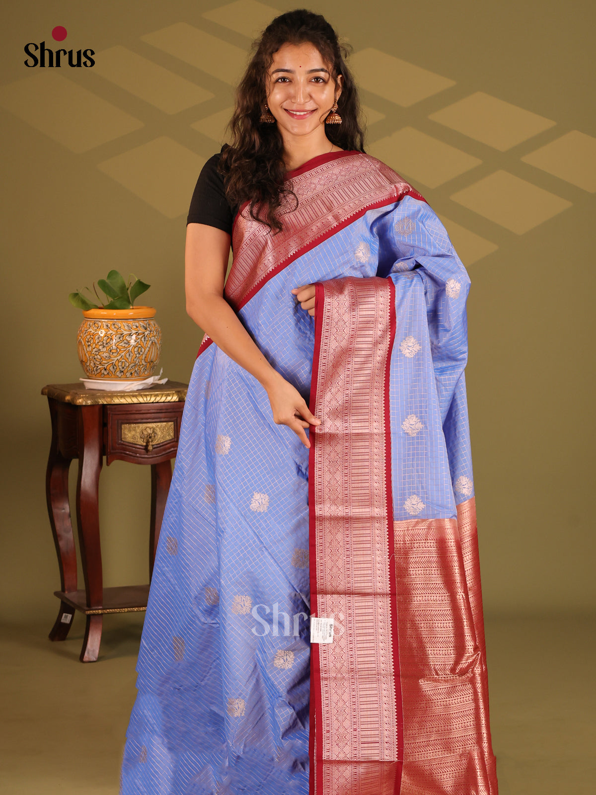 Blue with Maroon- Semi Kanchipuram Saree - Shop on Shrus.com
