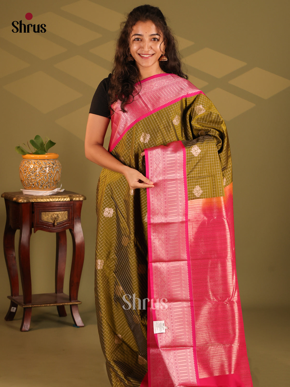 Mehandi Green with Red- Semi Kanchipuram Saree - Shop on Shrus.com