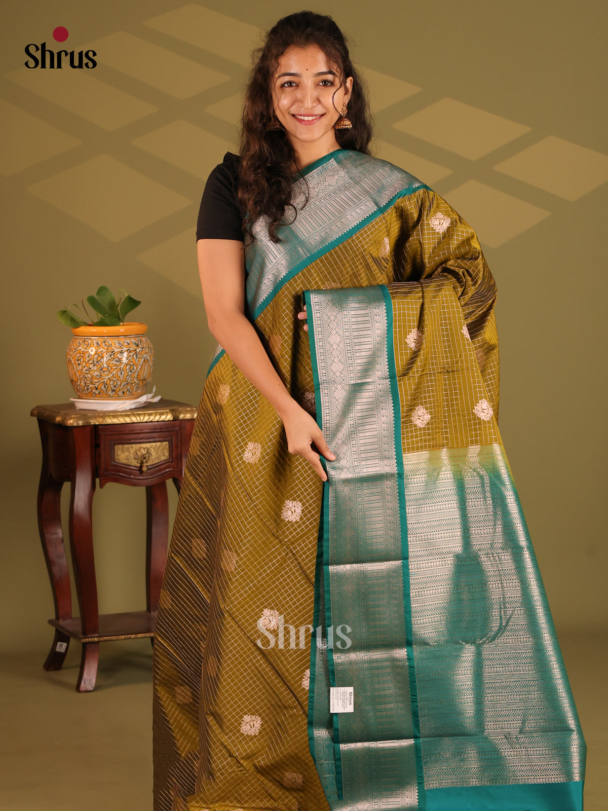 Chutney Green with green- Semi Kanchipuram Saree - Shop on Shrus.com