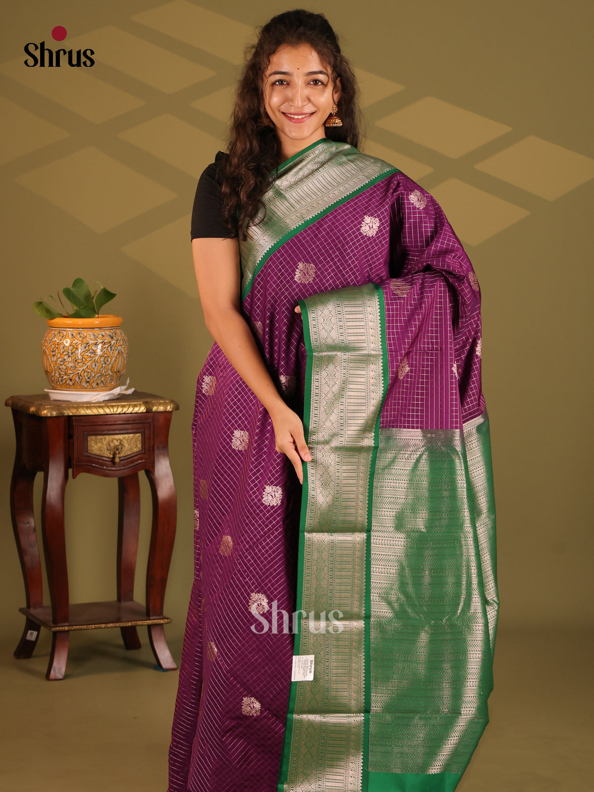 Violet with Green- Semi Kanchipuram Saree - Shop on Shrus.com