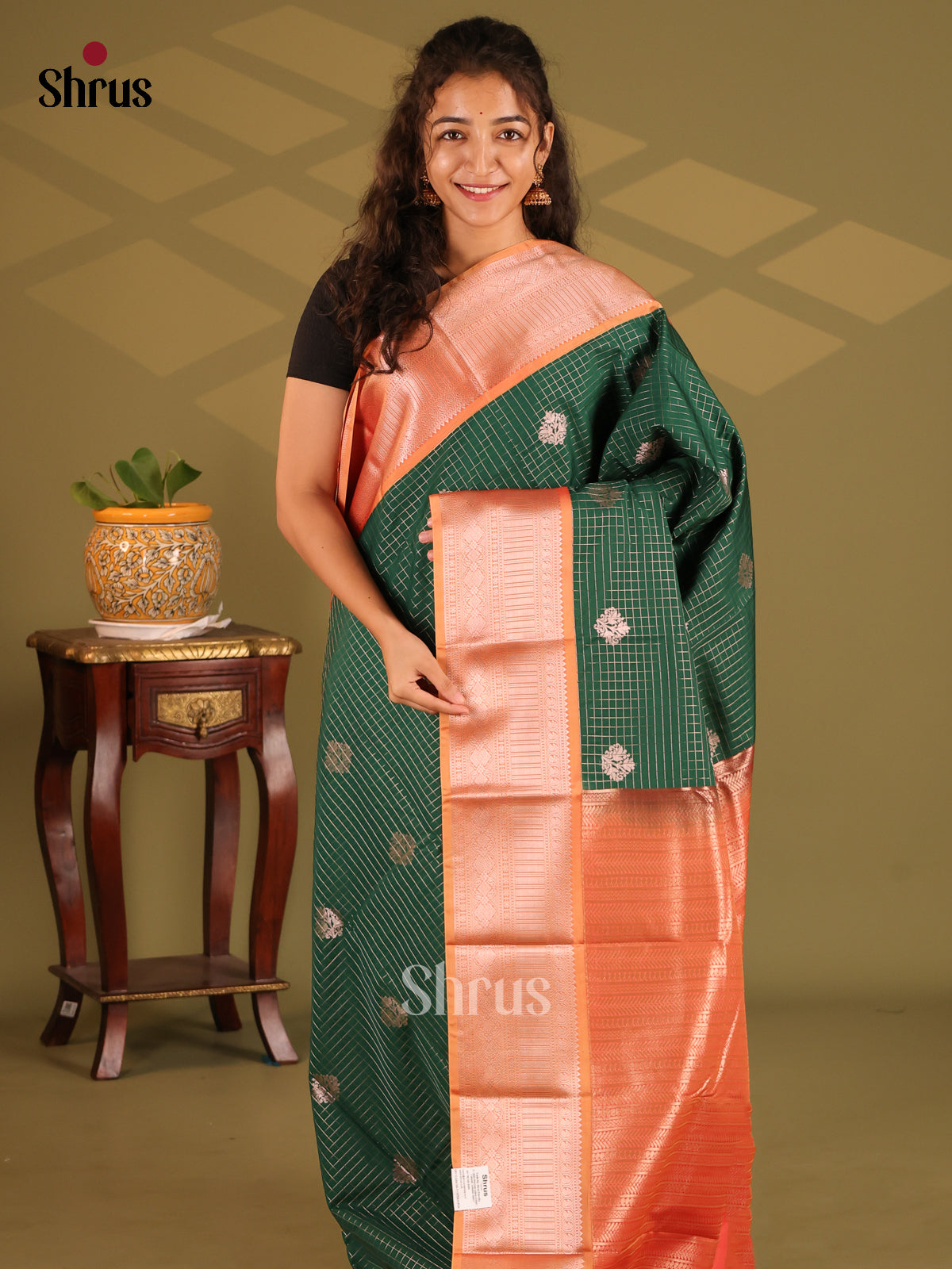 Green with Orange- Semi Kanchipuram Saree - Shop on Shrus.com