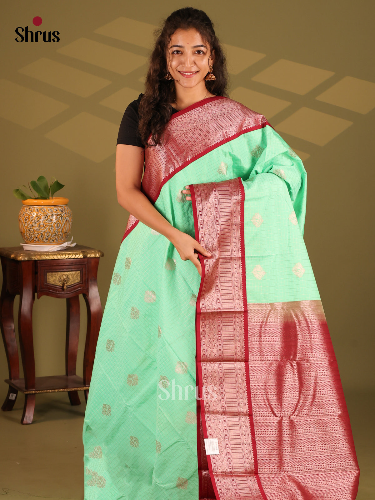 Pista Green & Maroon- Semi Kanchipuram Saree - Shop on Shrus.com