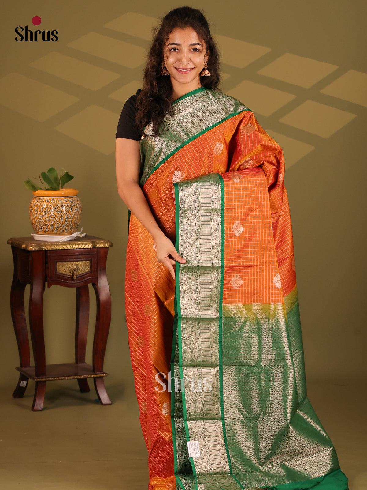 Orange with Green- Semi Kanchipuram Saree - Shop on Shrus.com