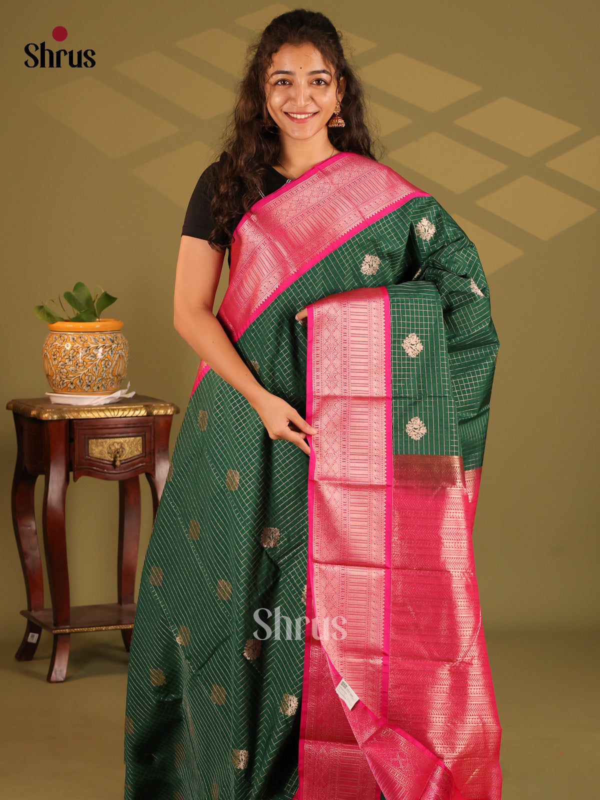 Green with Maroon - Semi Kanchipuram Saree - Shop on Shrus.com