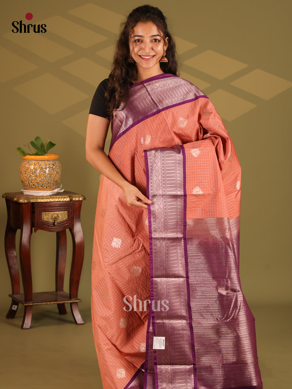 Brown with Vadamalli- Semi Kanchipuram Saree - Shop on Shrus.com