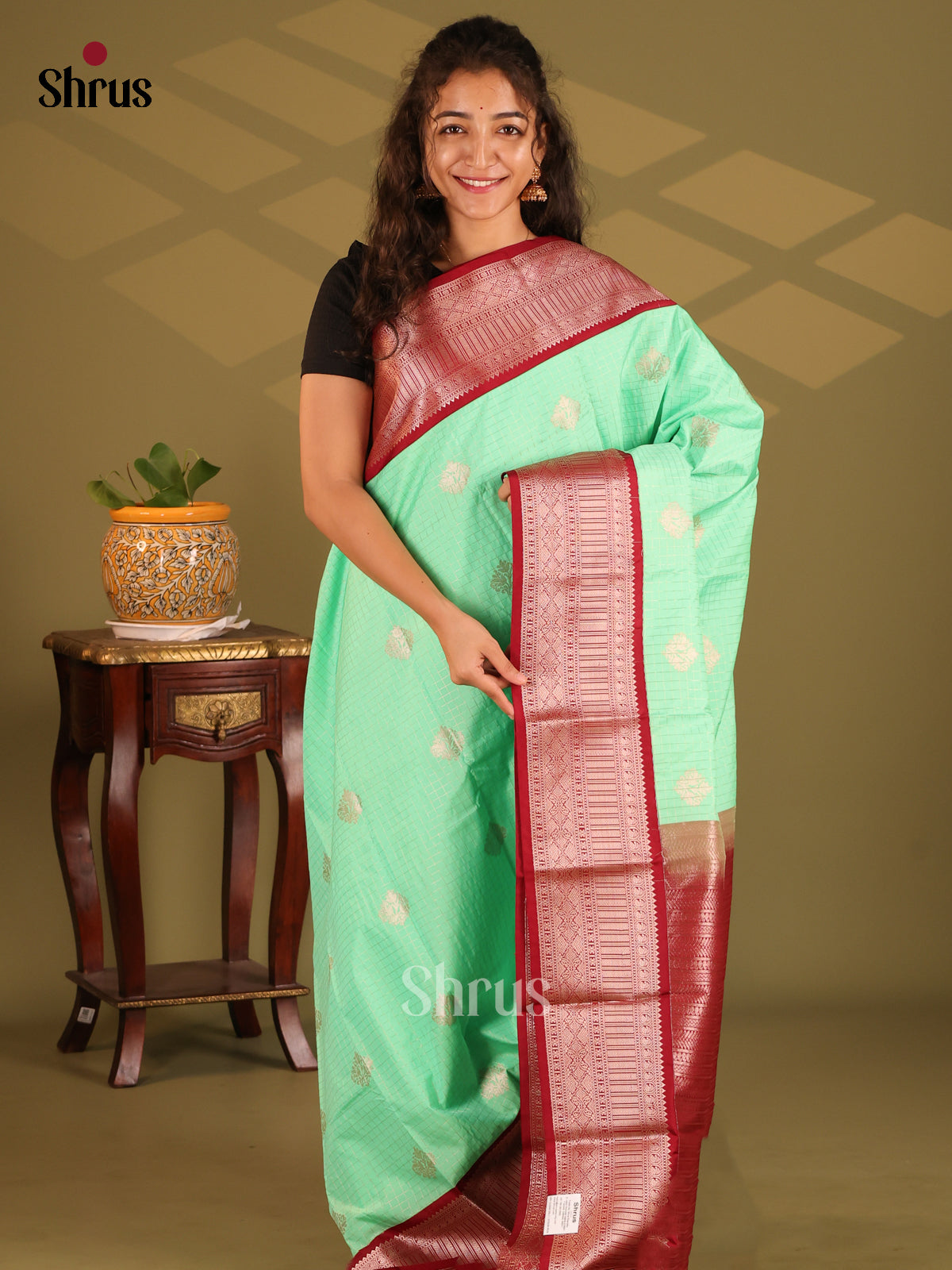 Pista Green & Maroon- Semi Kanchipuram Saree - Shop on Shrus.com