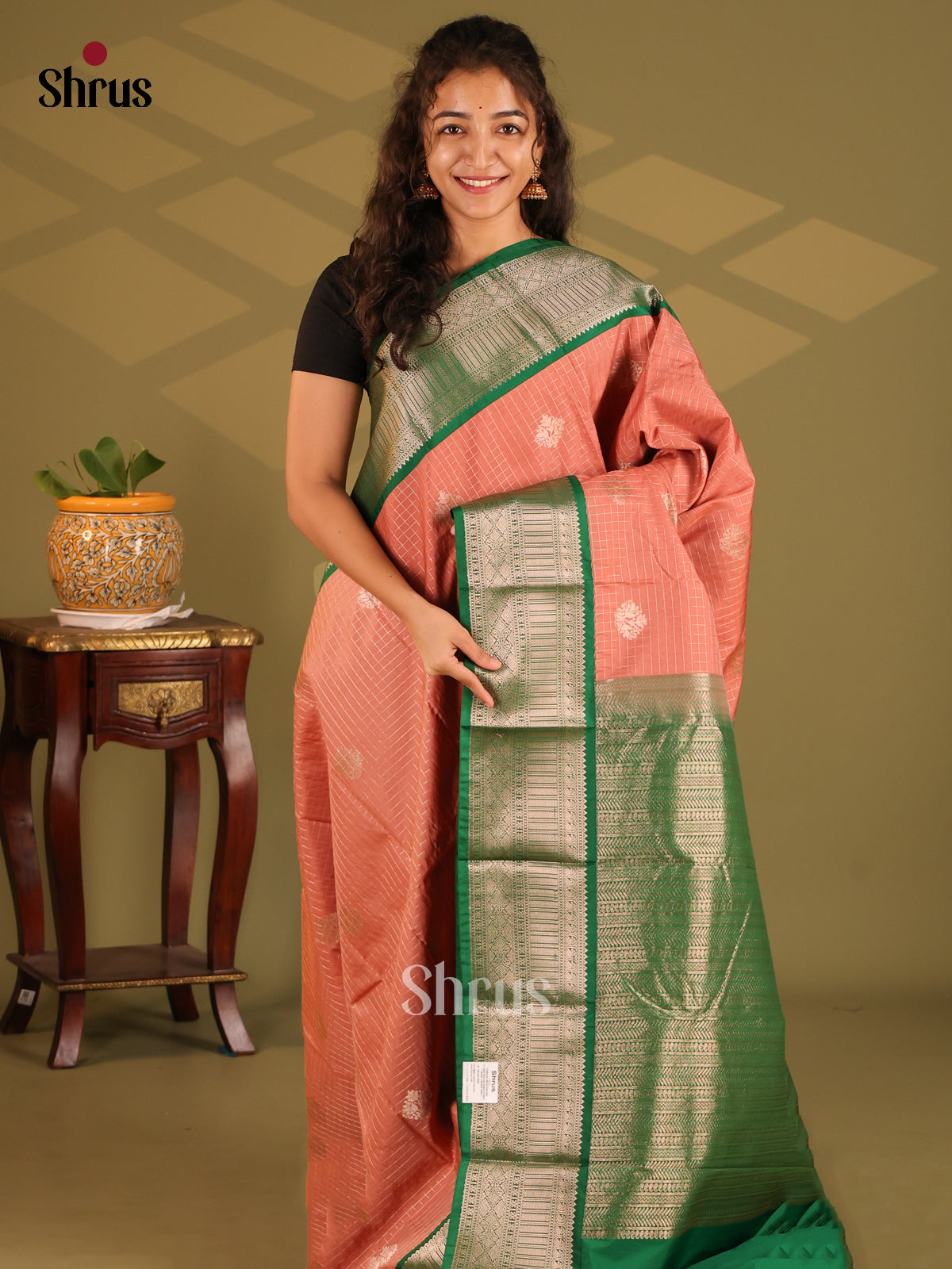 Brown with Green - Semi Kanchipuram Saree - Shop on Shrus.com