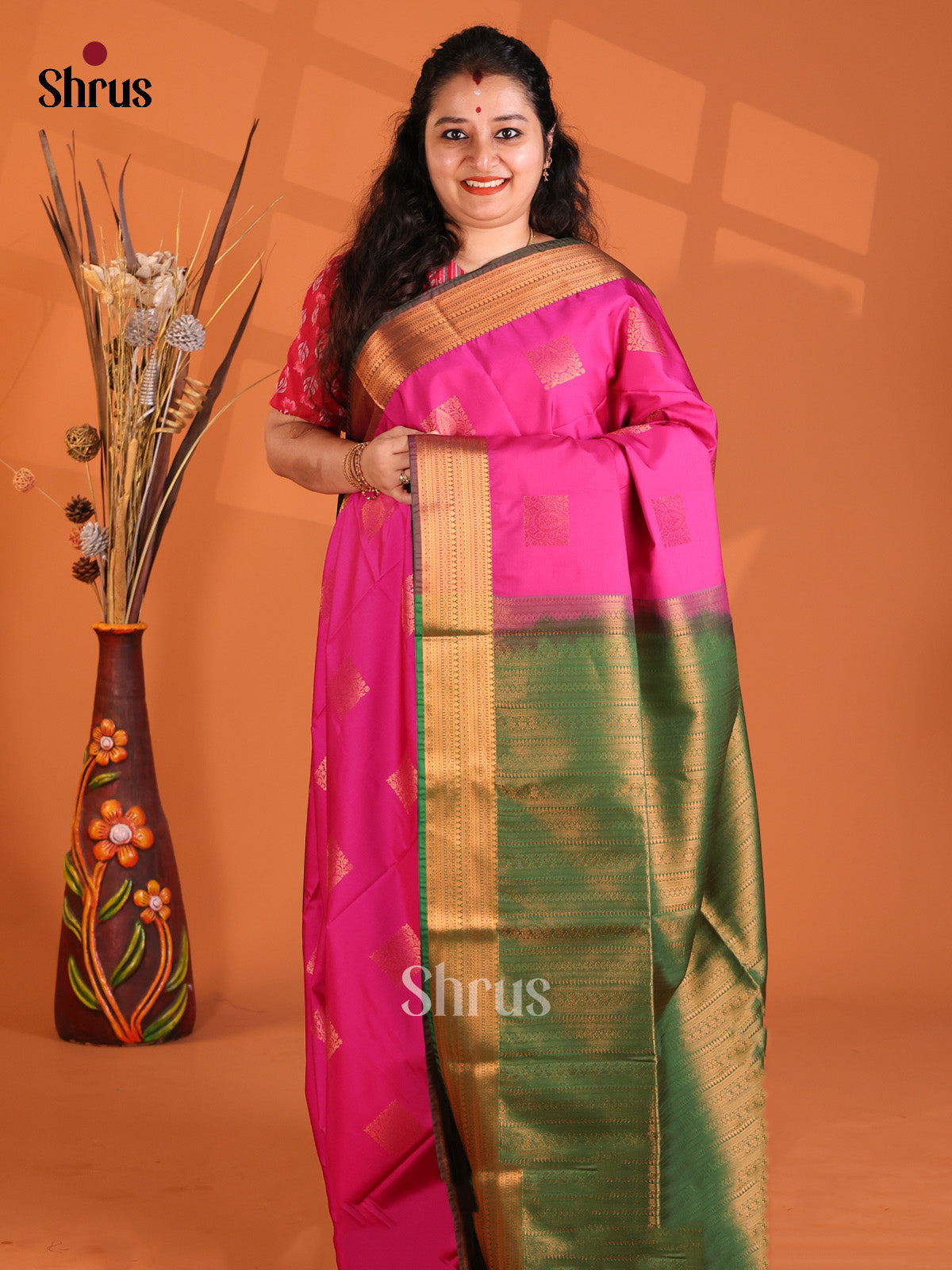 Pink & Green- Korvai Semi Kanchipuram saree - Shop on Shrus.com