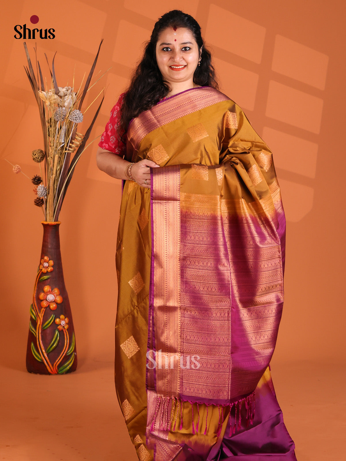 Mustard & Purple - Korvai Semi Kanchipuram saree - Shop on Shrus.com