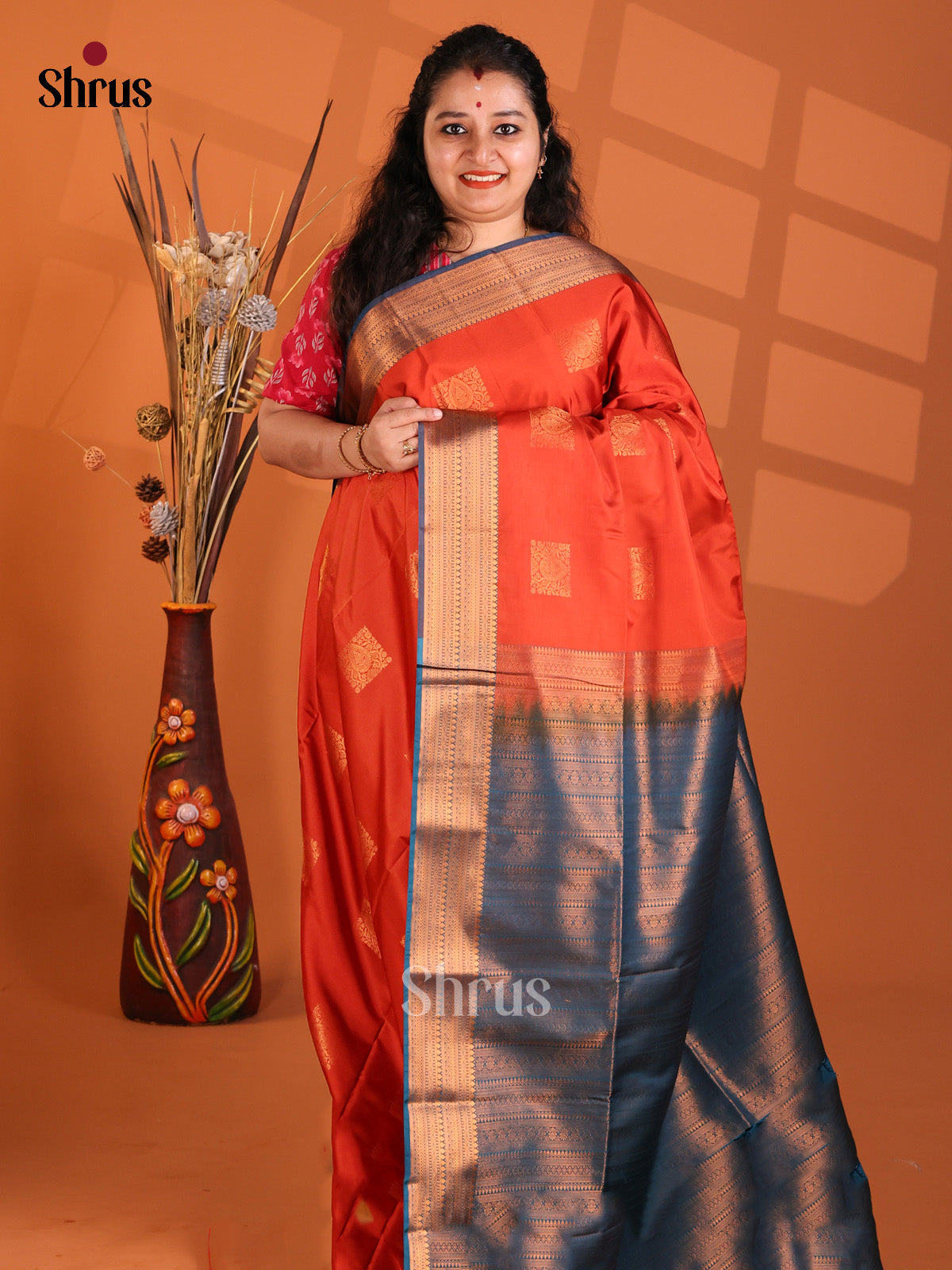 Orange & Blue - Korvai Semi Kanchipuram saree - Shop on Shrus.com