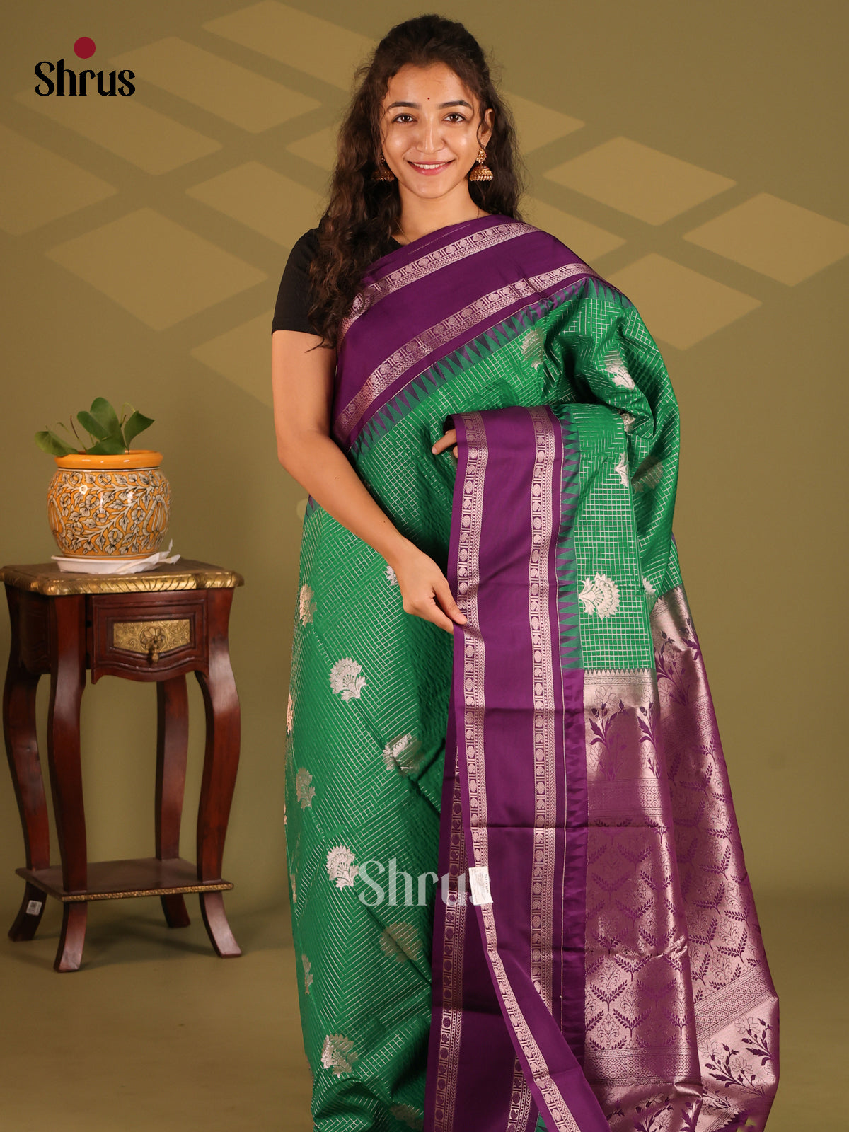 Green with Vadamalli - Semi Kanchipuram Saree - Shop on Shrus.com