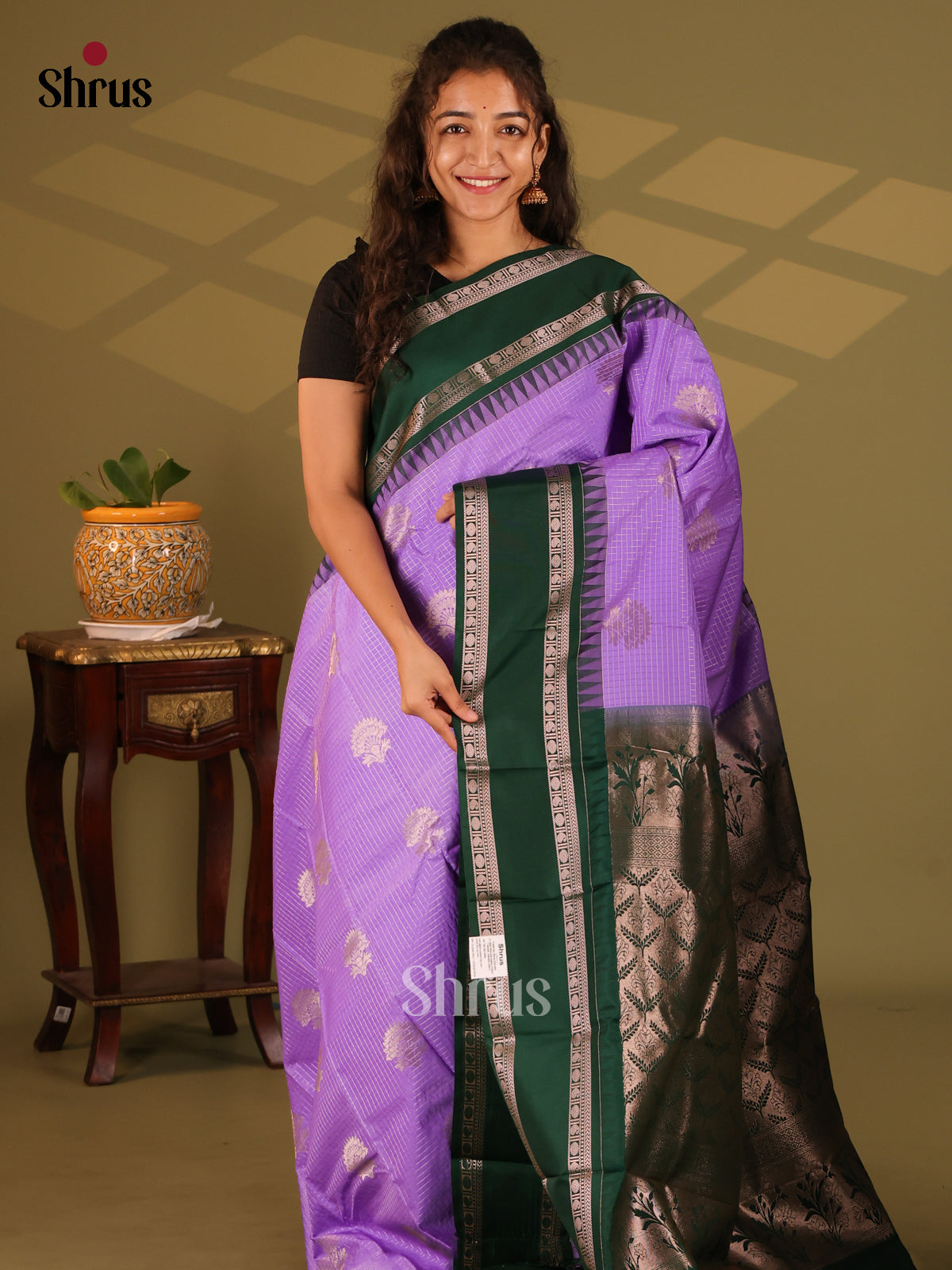Lavender with Green - Semi Kanchipuram Saree - Shop on Shrus.com
