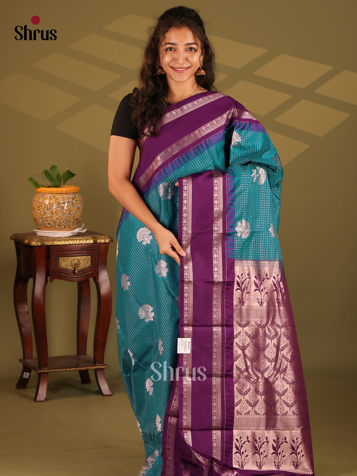 Blue with Vadamalli- Semi Kanchipuram Saree - Shop on Shrus.com