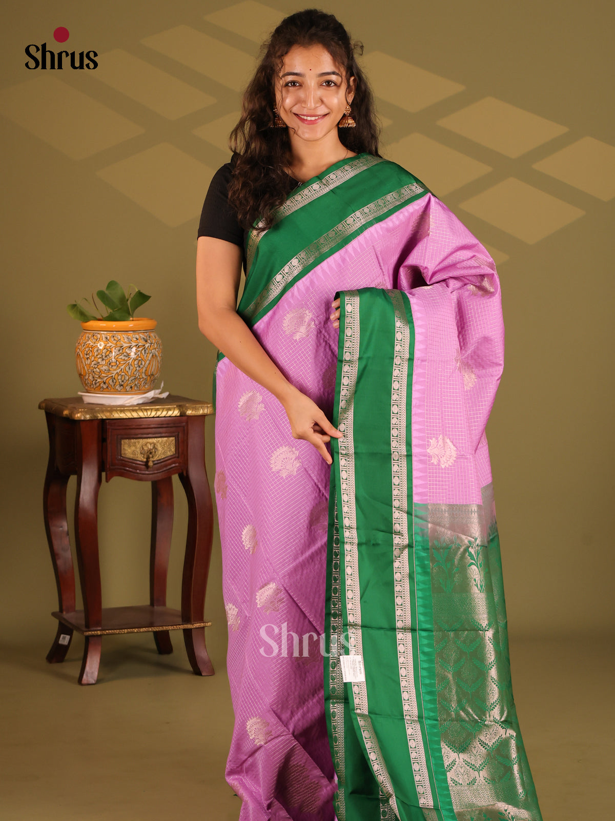 Pink with Green - Semi Kanchipuram Saree - Shop on Shrus.com