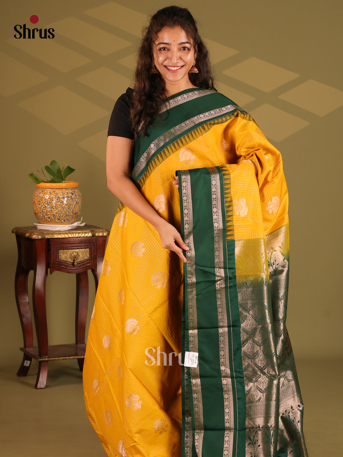Yellow with Green - Semi Kanchipuram Saree - Shop on Shrus.com
