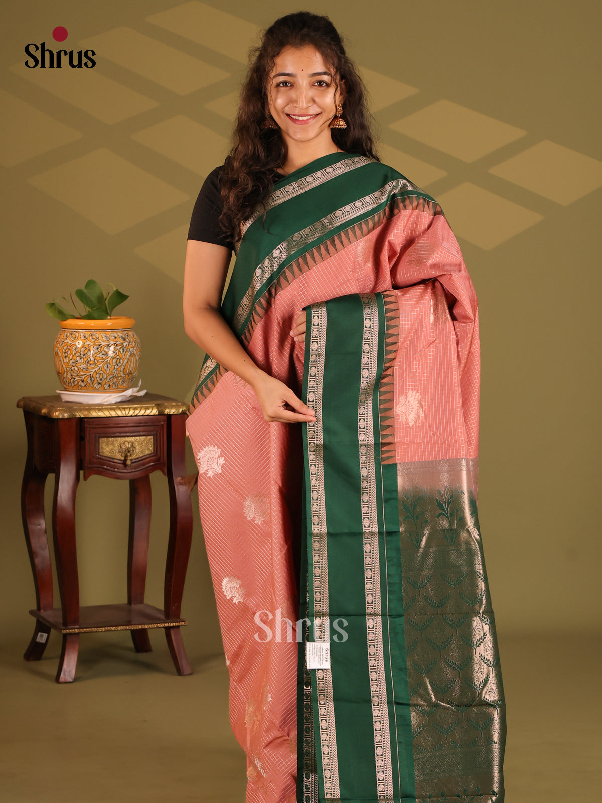 Dusty Pink with Green- Semi Kanchipuram Saree - Shop on Shrus.com