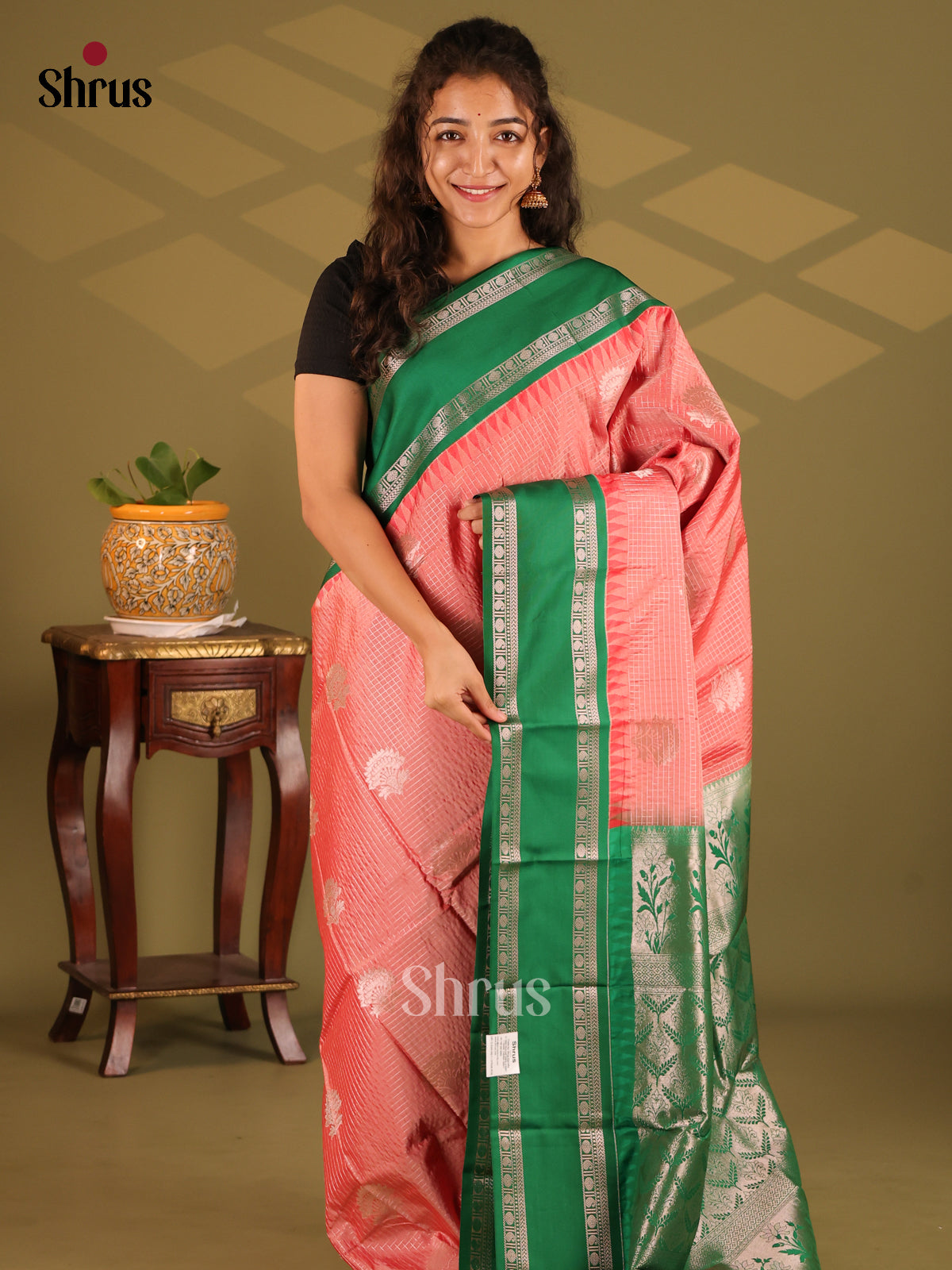 Peach with Green- Semi Kanchipuram Saree - Shop on Shrus.com