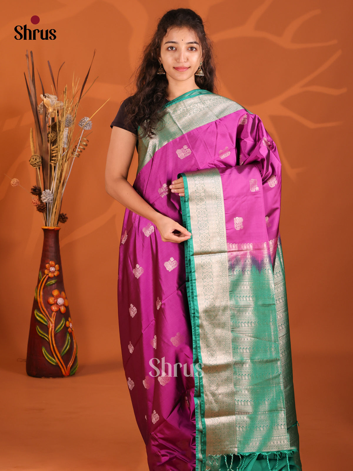 Purple & Green - Semi Softsilk Saree - Shop on Shrus.com