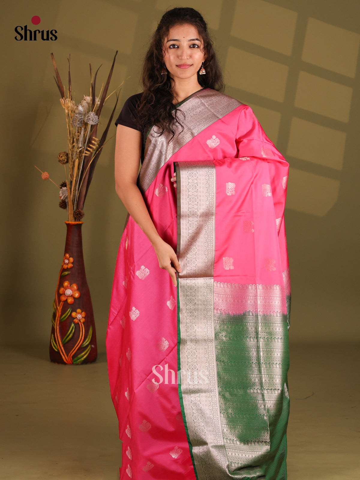Pink & Green - Semi Softsilk Saree - Shop on Shrus.com