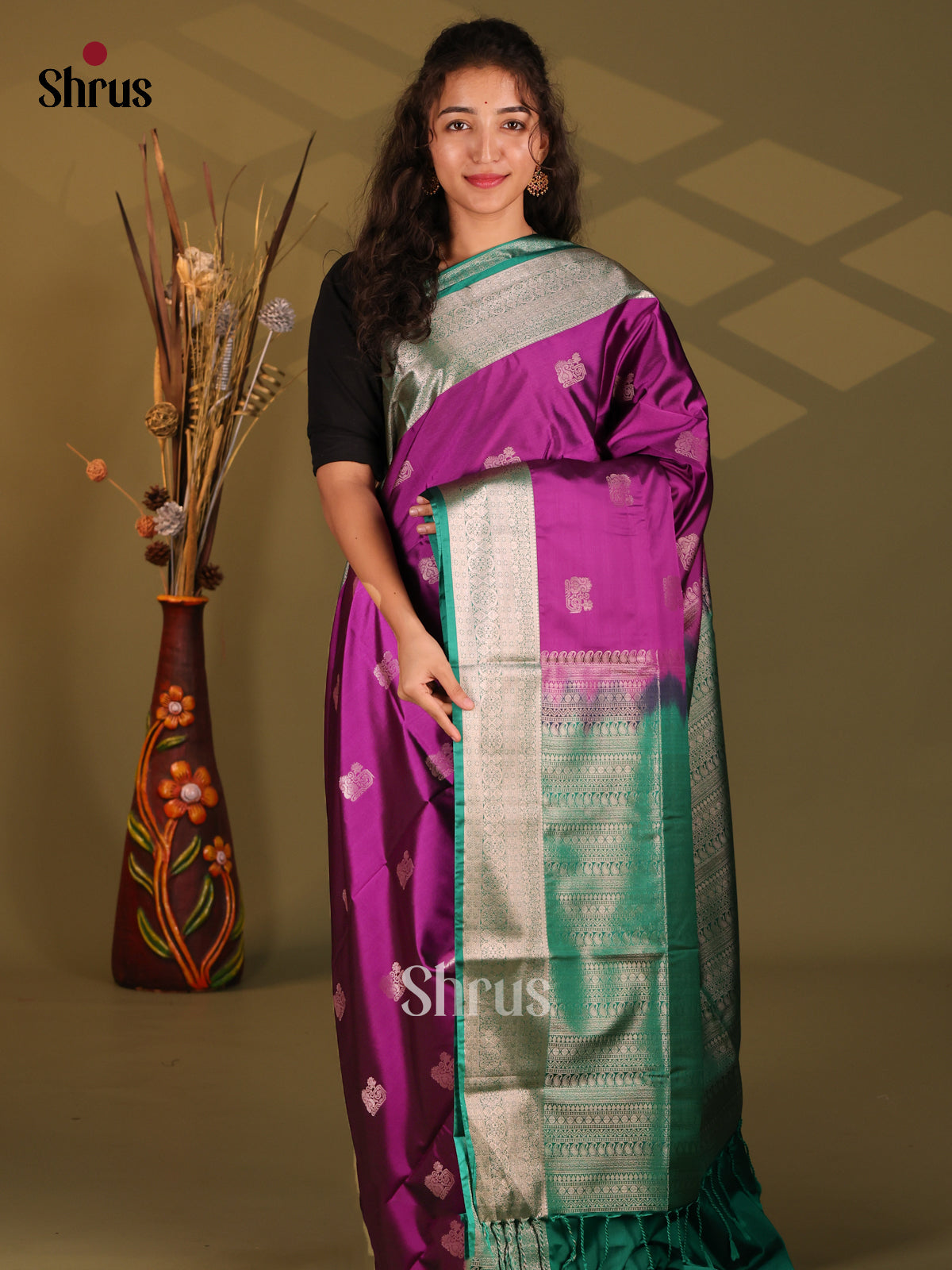 Majenta & Green- Semi Softsilk Saree - Shop on Shrus.com