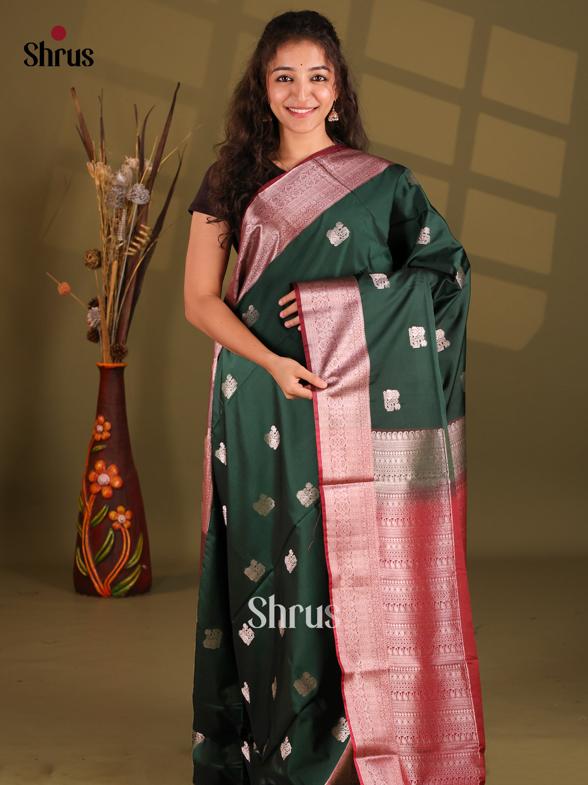 Dark Green & Maroon- Semi Softsilk Saree - Shop on Shrus.com