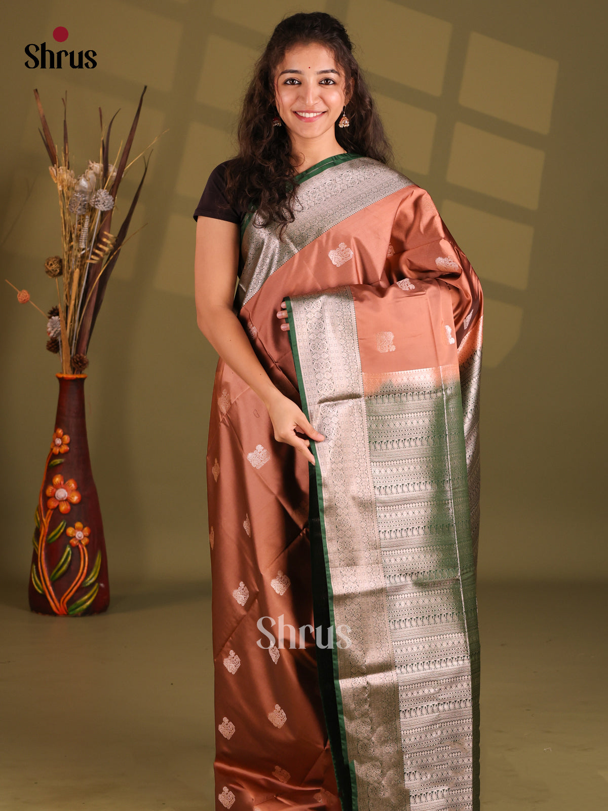 Brown & Green- Semi Softsilk Saree - Shop on Shrus.com