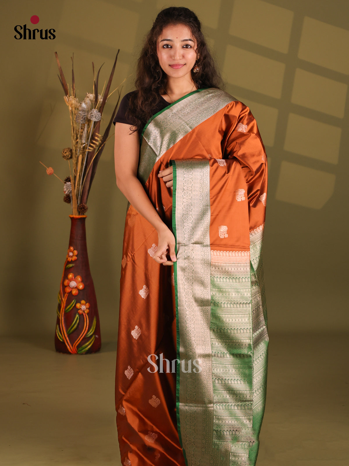 Rust & Green - Semi Softsilk Saree - Shop on Shrus.com