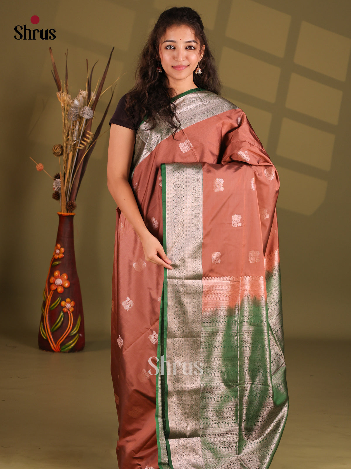 Brown & Green- Semi Softsilk Saree - Shop on Shrus.com