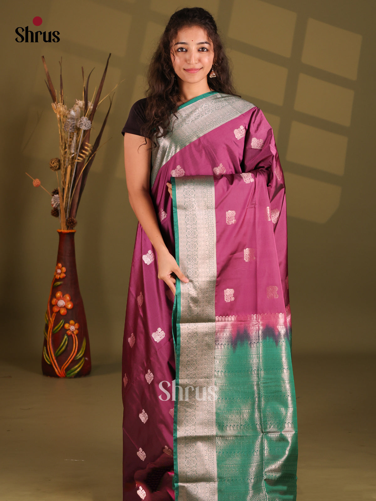Purple & Green- Semi Softsilk Saree - Shop on Shrus.com