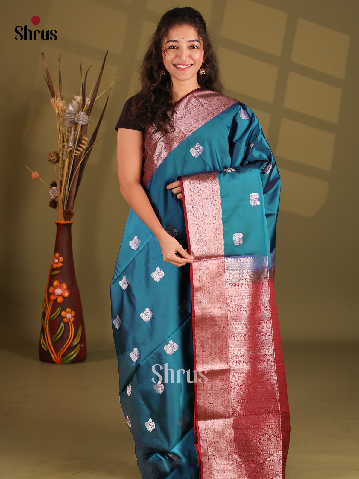 Blue & Maroon - Semi Softsilk Saree - Shop on Shrus.com