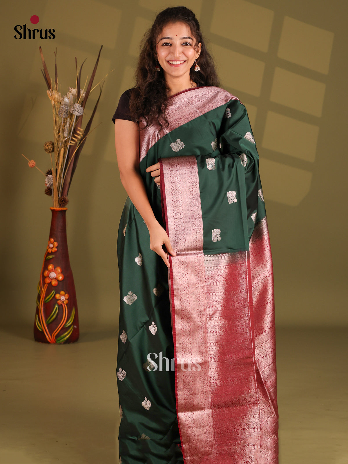 Green & Maroon - Semi Softsilk Saree - Shop on Shrus.com