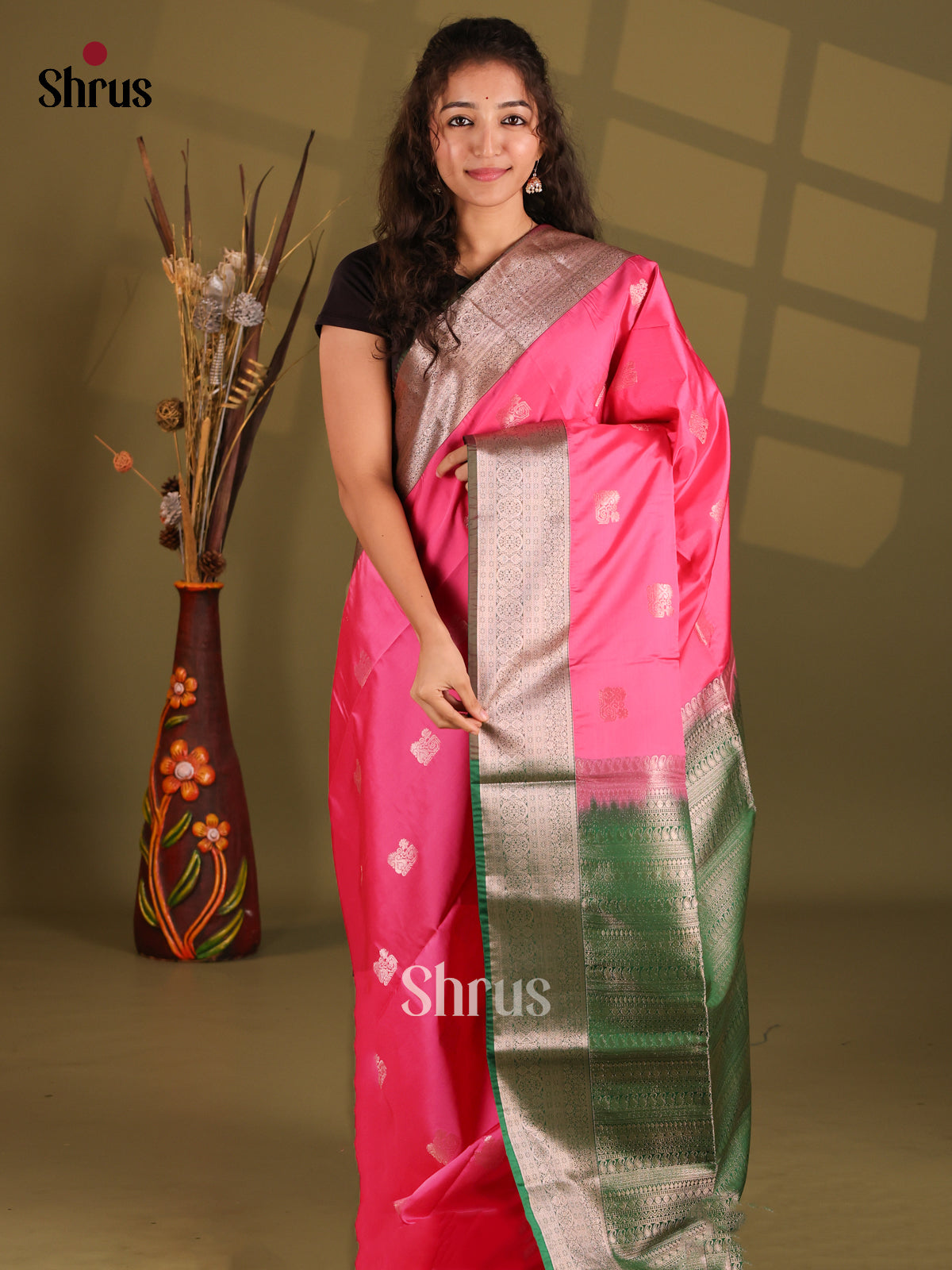 Pink & Green - Semi Softsilk Saree - Shop on Shrus.com