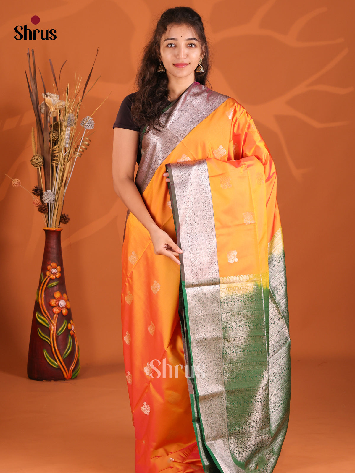 Orange & Green - Semi Softsilk Saree - Shop on Shrus.com