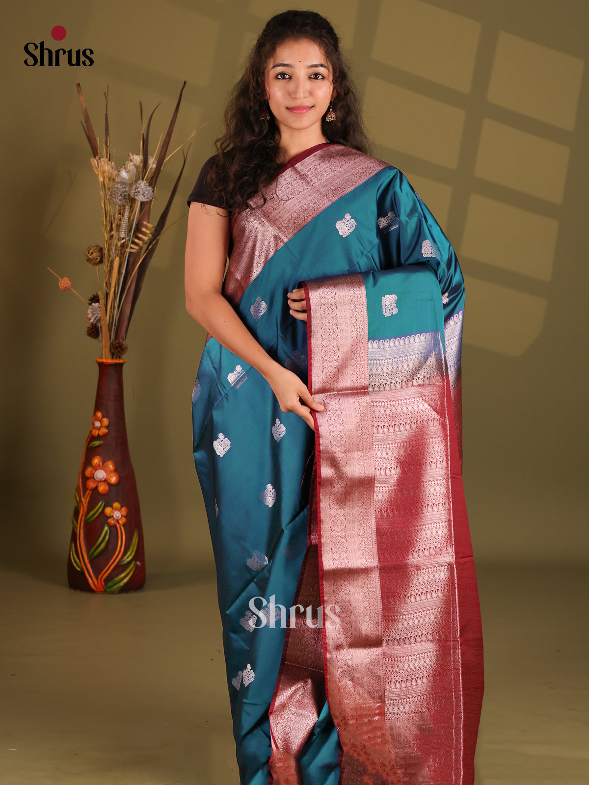 Peacock Blue & Maroon- Semi Softsilk Saree - Shop on Shrus.com