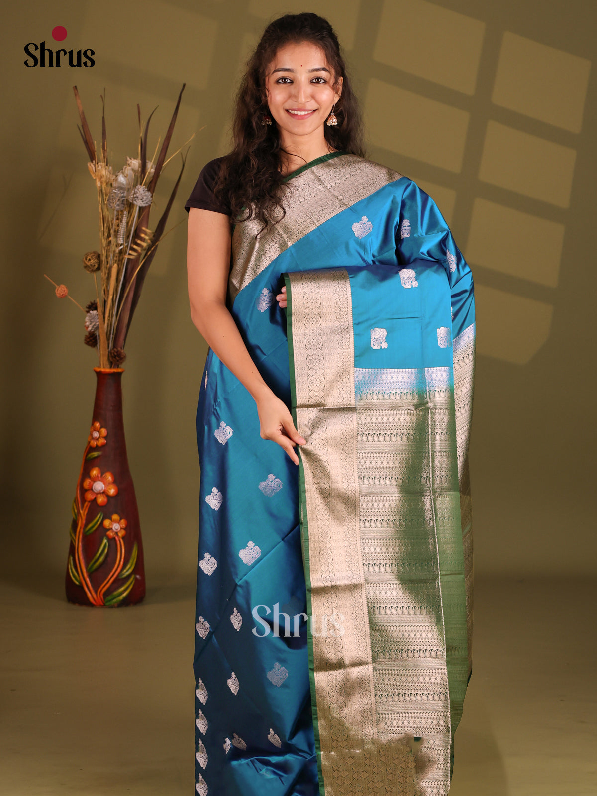 Blue & Green - Semi Softsilk Saree - Shop on Shrus.com