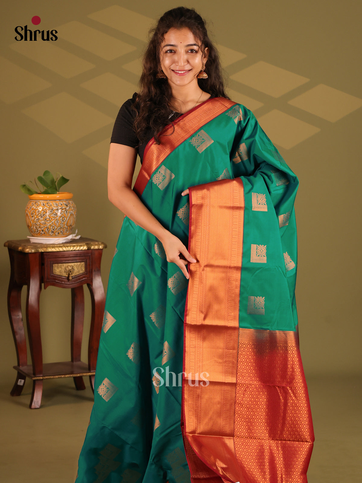 Green with Maroon - Semi Kanchipuram Saree - Shop on Shrus.com