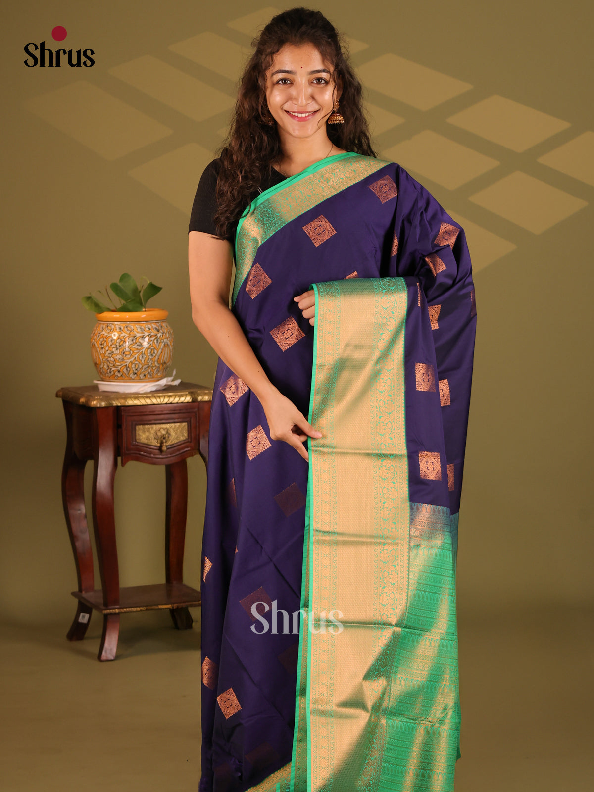 Blue with Teal - Semi Kanchipuram Saree - Shop on Shrus.com