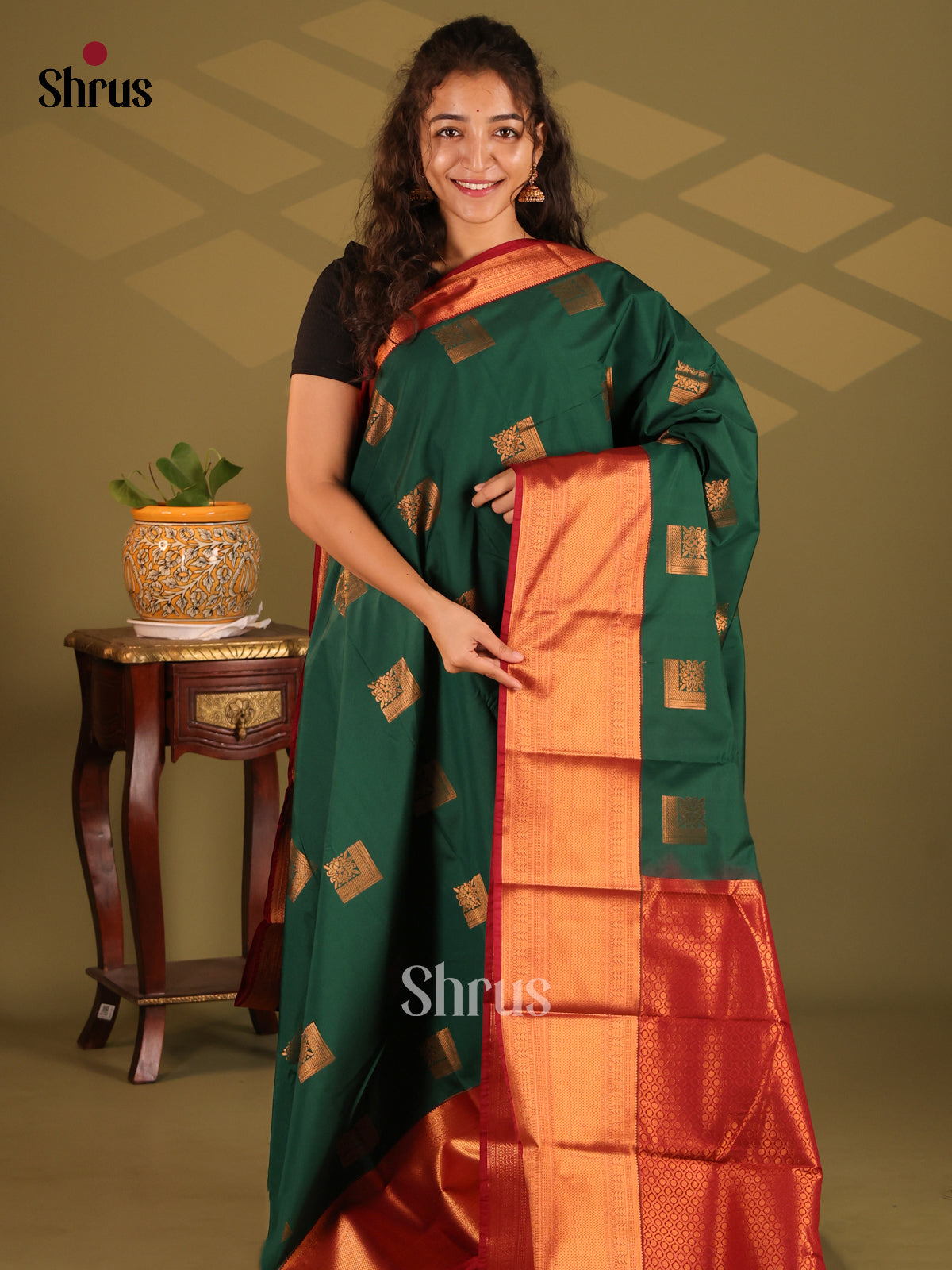 Green with Maroon - Semi Kanchipuram Saree - Shop on Shrus.com