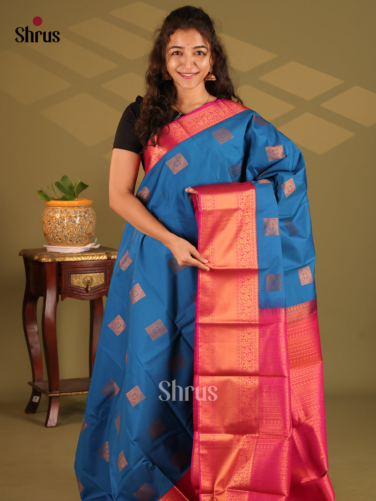 Blue with Pink- Semi Kanchipuram Saree - Shop on Shrus.com