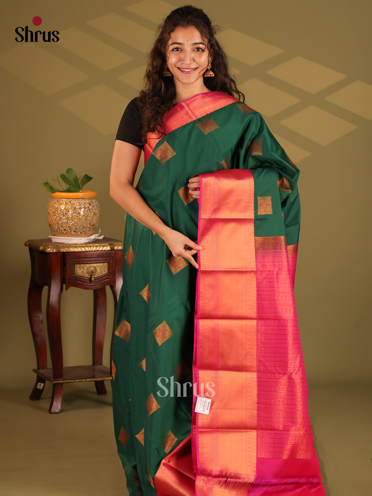 Green with Pink - Semi Kanchipuram Saree - Shop on Shrus.com