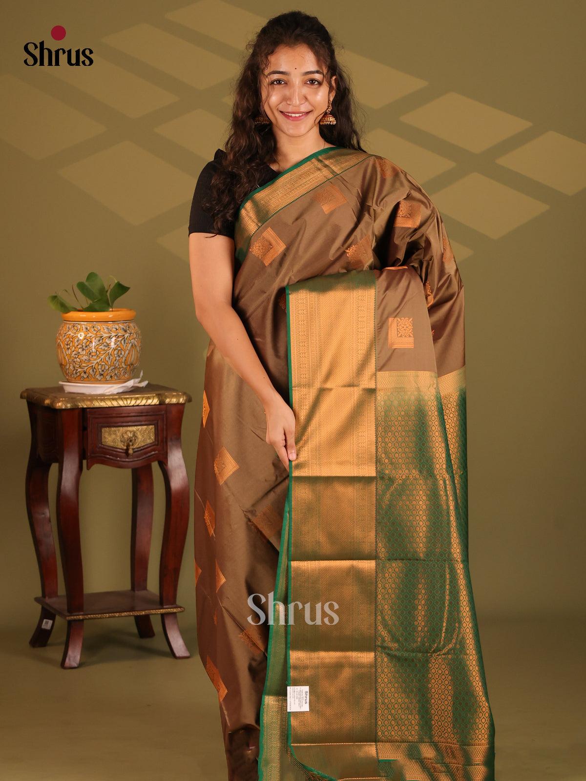Dusty Brown with Green - Semi Kanchipuram Saree - Shop on Shrus.com