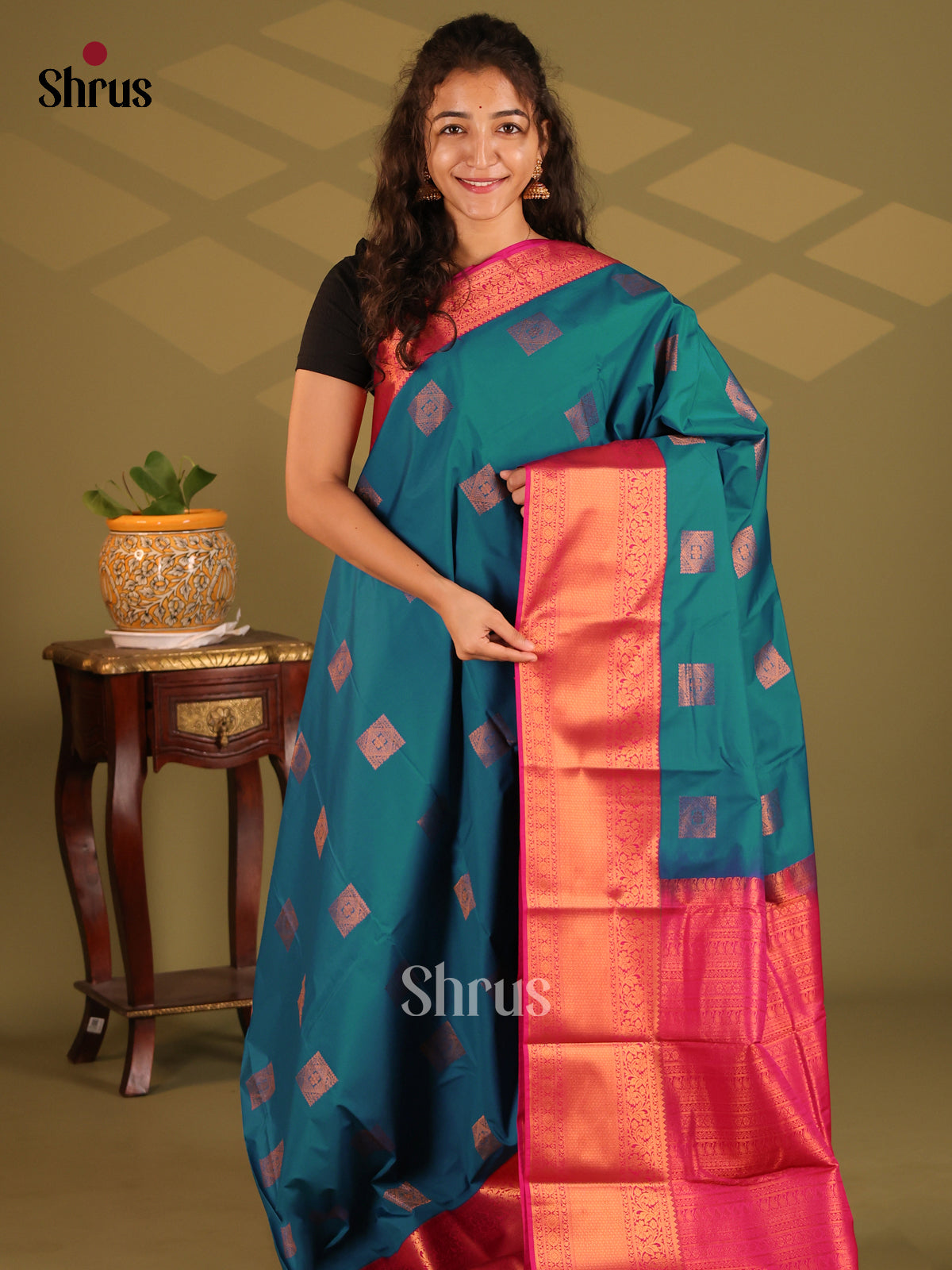 Blue with Pink - Semi Kanchipuram Saree - Shop on Shrus.com