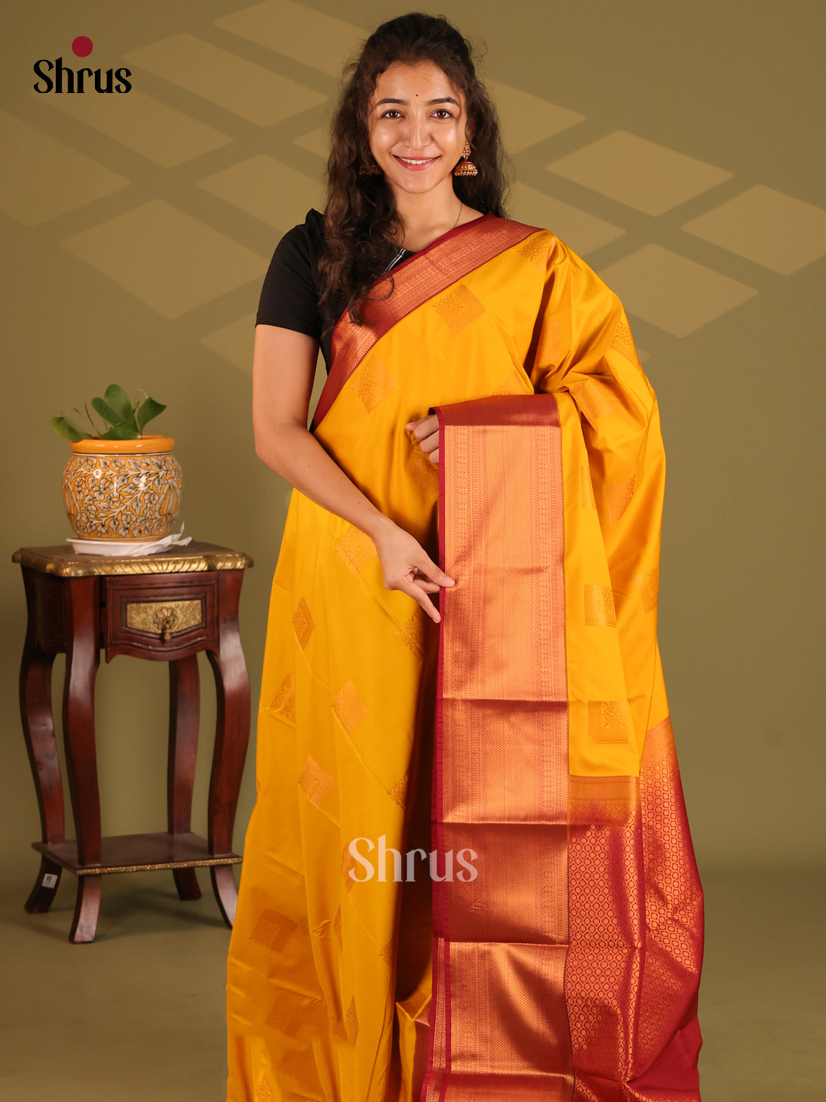 Mustard with Maroon- Semi Kanchipuram Saree - Shop on Shrus.com